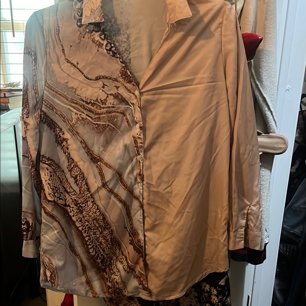 Beige and Brown Abstract Button-Up Shirt